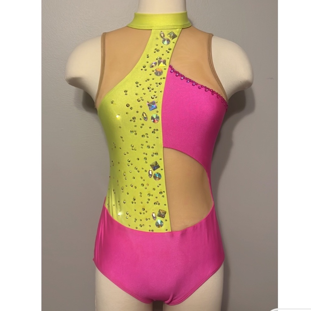 Patrick J dance costume neon pink neon yellow gravity leotard bedazzled AL